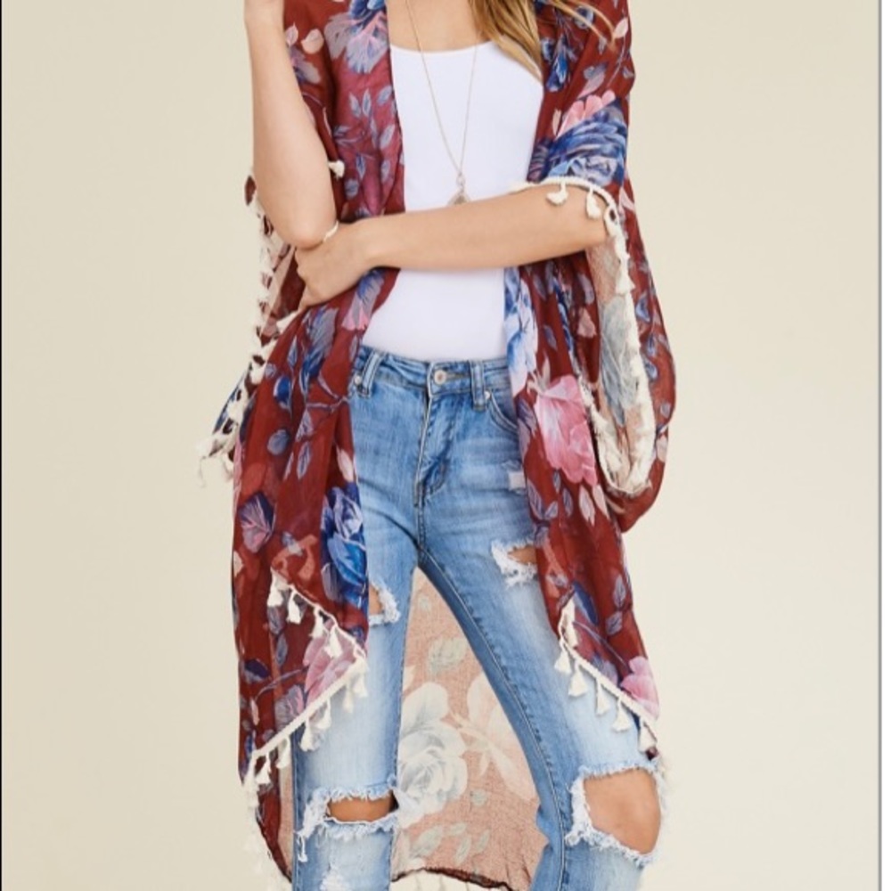 Burgundy Floral Tassel Kimono